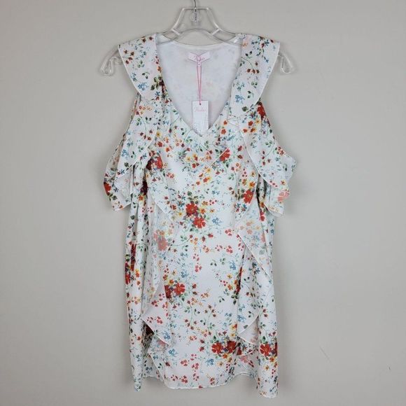 Parker White Spring Ditsy Floral Ruffle Mini Dress - Picture 3 of 10